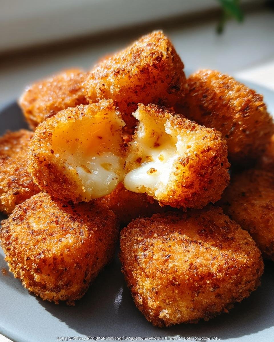 A pile of golden-brown fried cheese bites, with one broken open to reveal a gooey, molten cheese center.