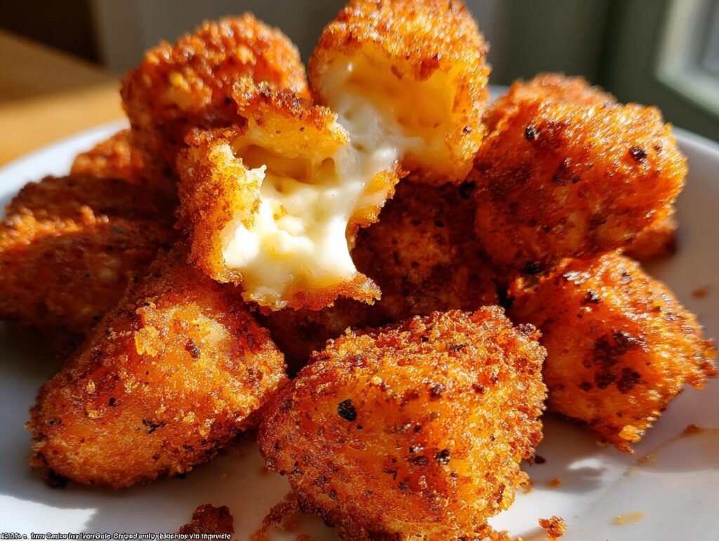 A close-up of golden-brown fried cheese bites, with one broken open to reveal a gooey, molten cheese center.