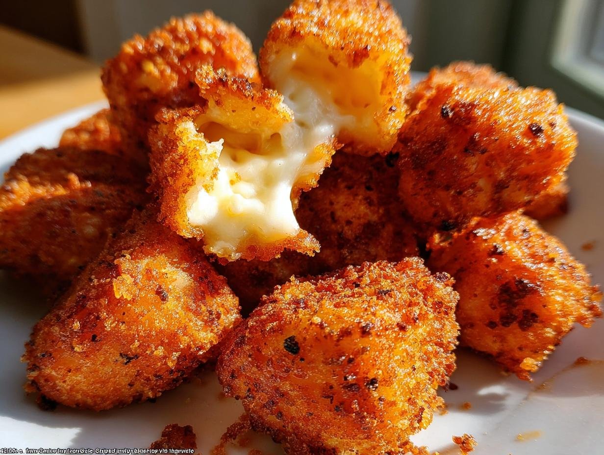 A close-up of golden-brown fried cheese bites, with one broken open to reveal a gooey, molten cheese center.