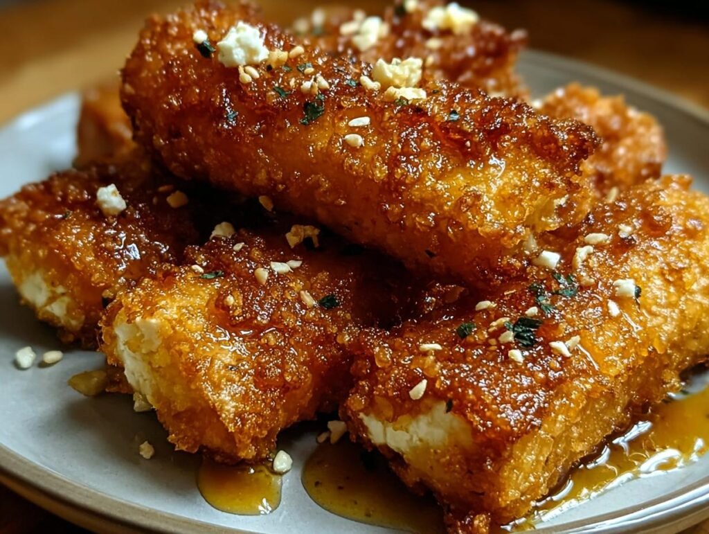 Golden brown Fried Feta Rolls drizzled with chili honey and sprinkled with sesame seeds and herbs.