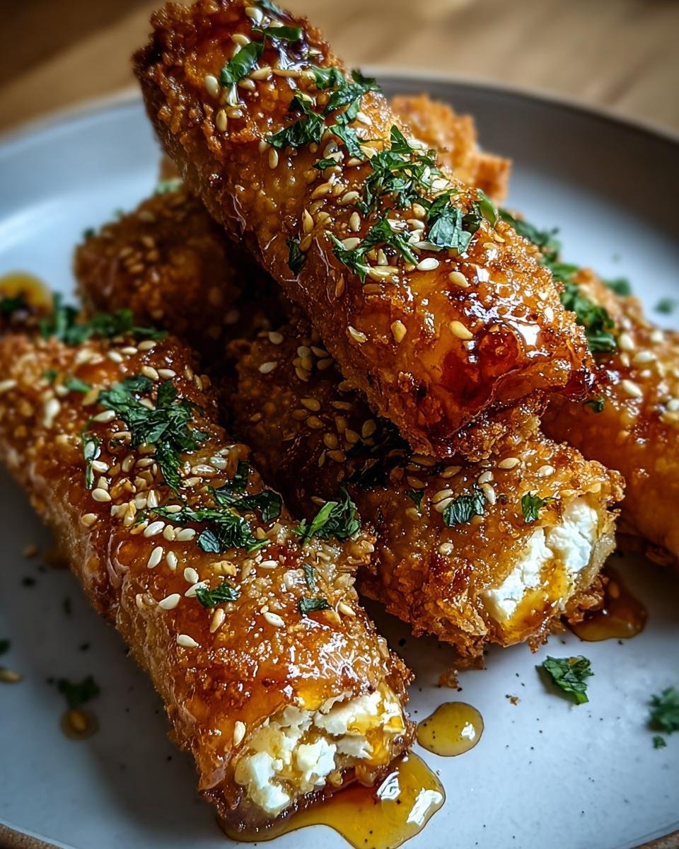 Close-up of fried feta rolls drizzled with chili honey and sprinkled with sesame seeds and parsley.