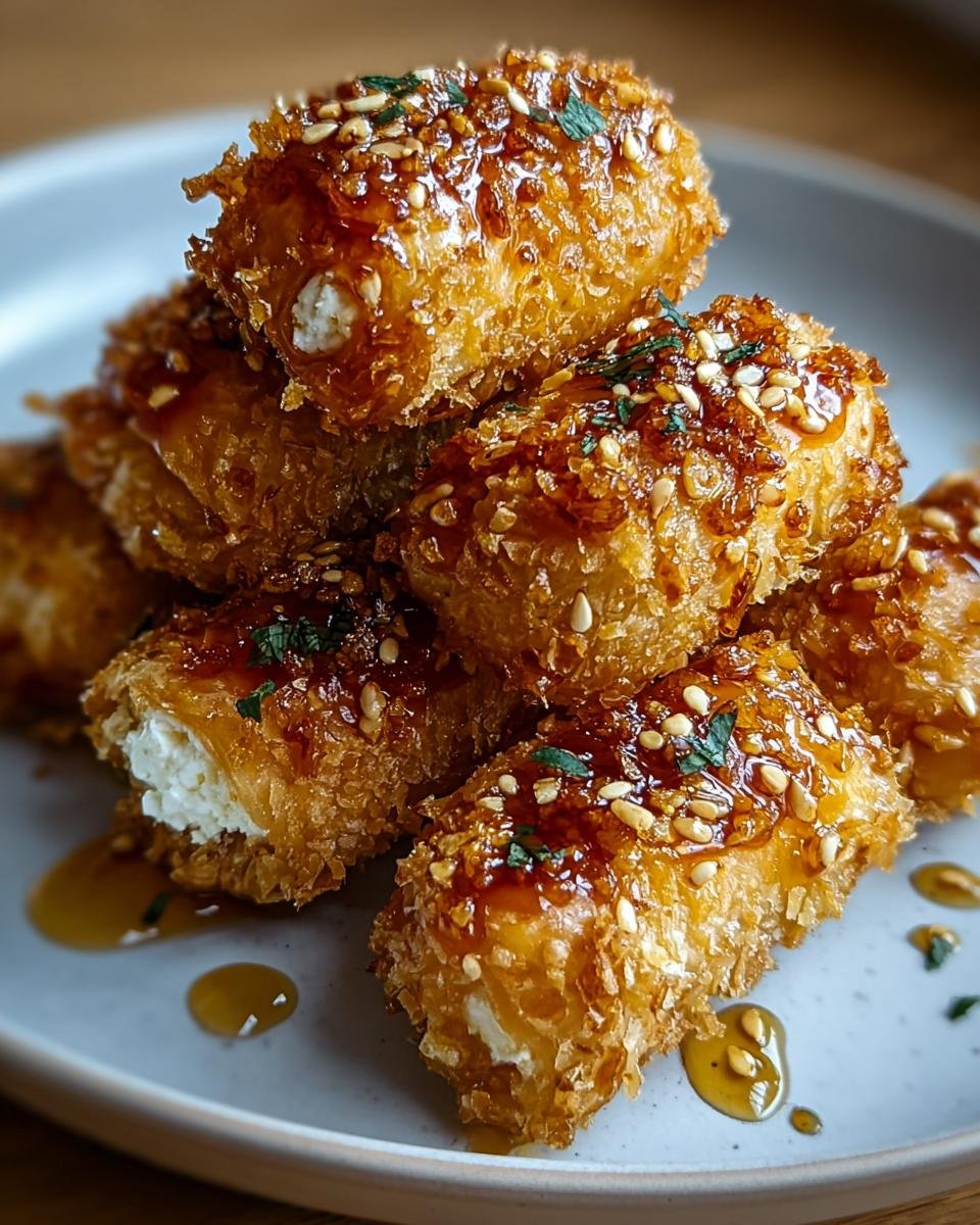 A stack of golden-brown fried feta rolls, coated in sesame seeds and drizzled with chili honey.