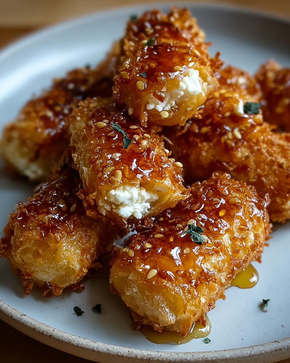 Close-up of golden-brown fried feta rolls coated in sesame seeds and drizzled with chili honey.