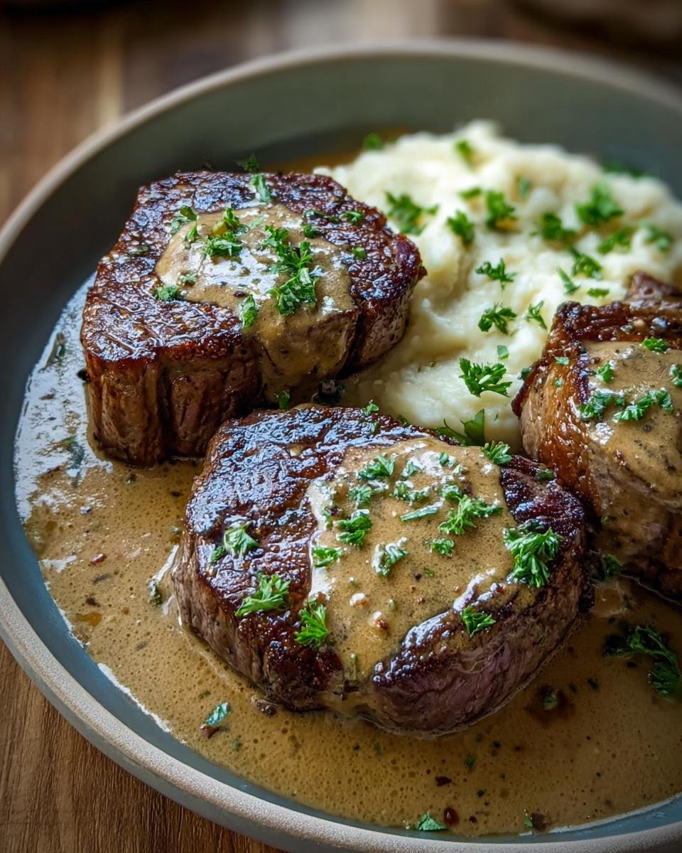 Three perfectly cooked Gaelic Irish Steaks with Whiskey, topped with creamy sauce and fresh parsley, served with mashed potatoes.