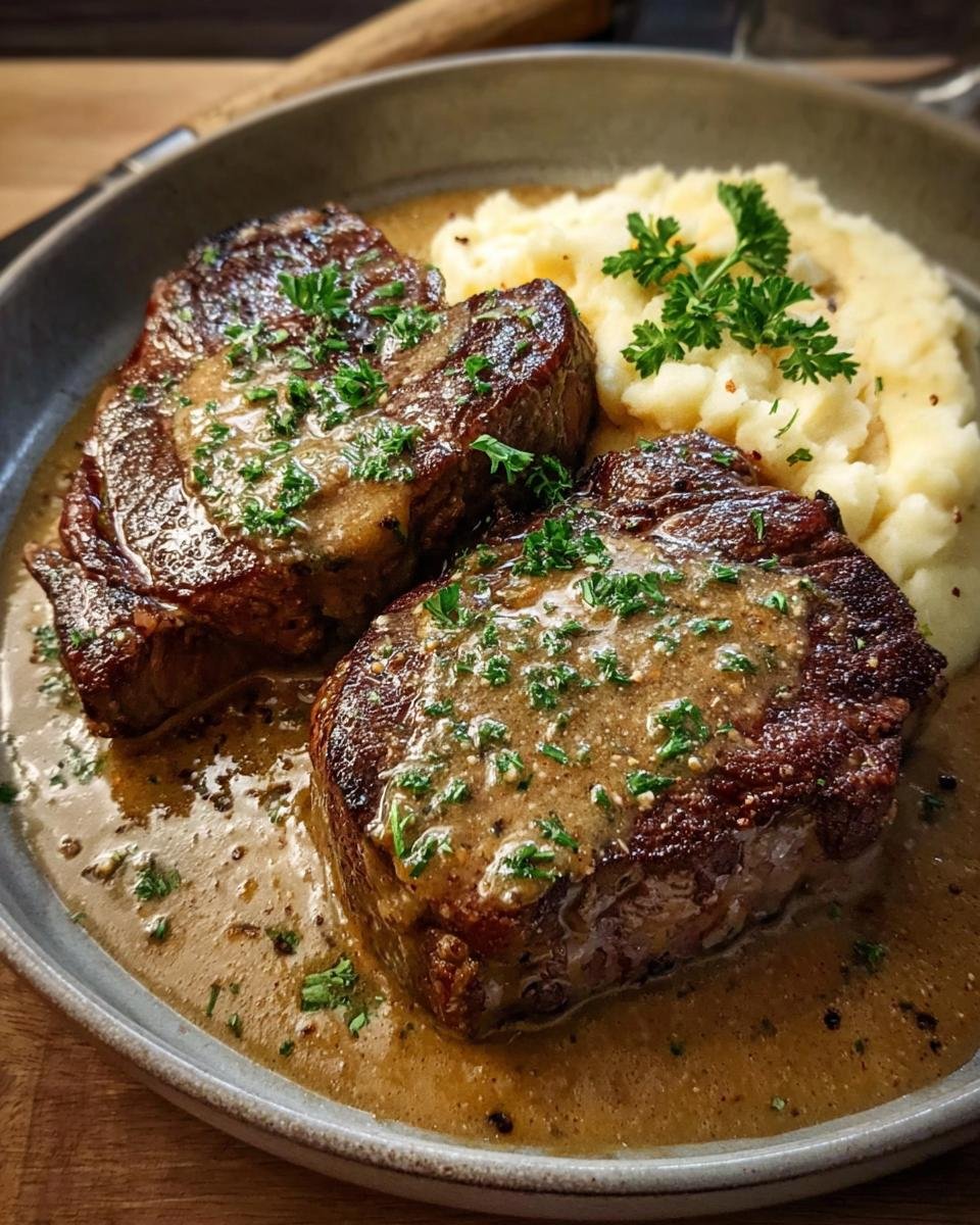 Two juicy Gaelic Irish steaks with whiskey sauce and creamy mashed potatoes, garnished with parsley.