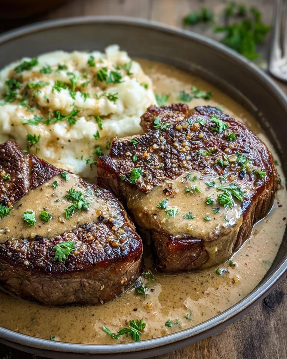 Two tender Gaelic Irish Steaks with Whiskey served with creamy mashed potatoes and a rich whiskey sauce, garnished with parsley.