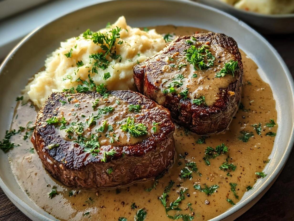 Two perfectly cooked Gaelic Irish Steaks with Whiskey served with creamy mashed potatoes and a rich sauce, garnished with parsley.
