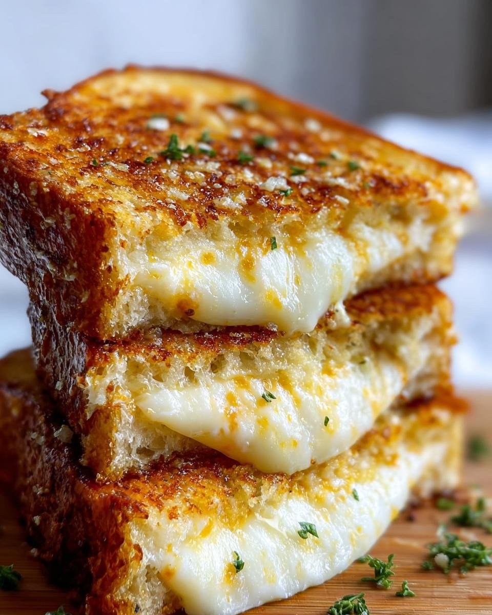 A stack of three delicious Garlic Bread Grilled Cheese sandwiches, oozing with melted cheese and sprinkled with herbs.