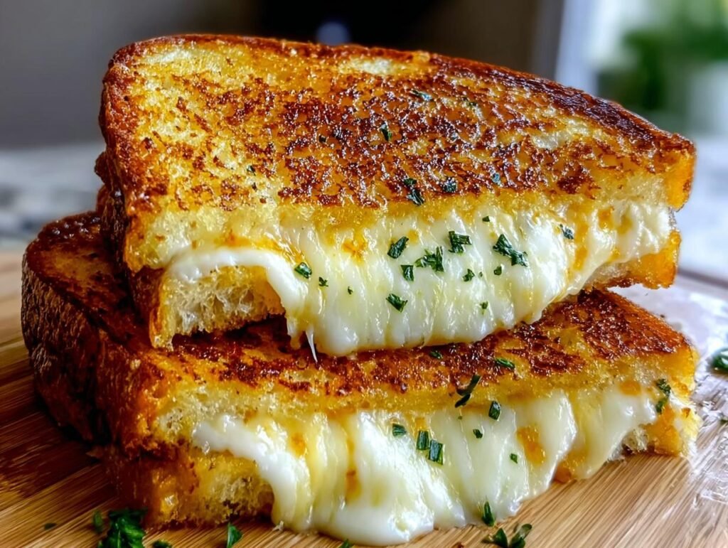 Close-up of a gooey Garlic Bread Grilled Cheese sandwich, with melted cheese oozing out and sprinkled with parsley.