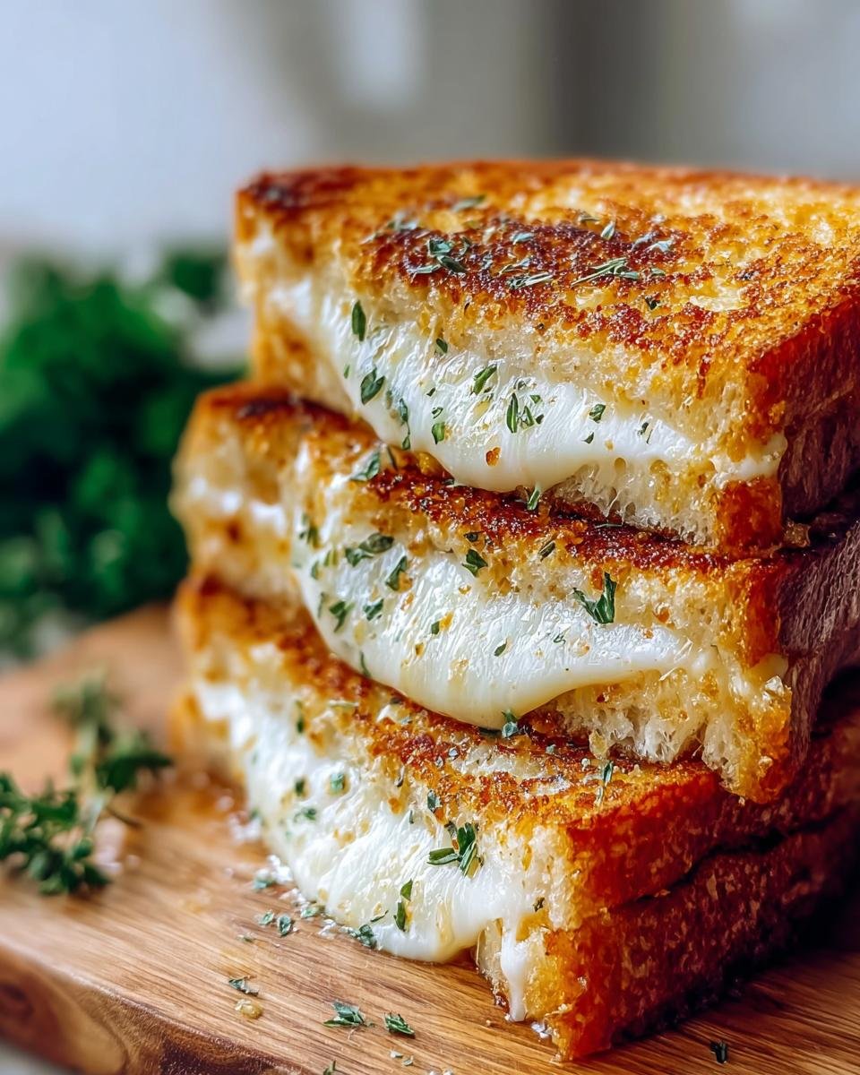 A stack of three delicious Garlic Bread Grilled Cheese sandwiches, with gooey melted cheese oozing out, sprinkled with herbs.