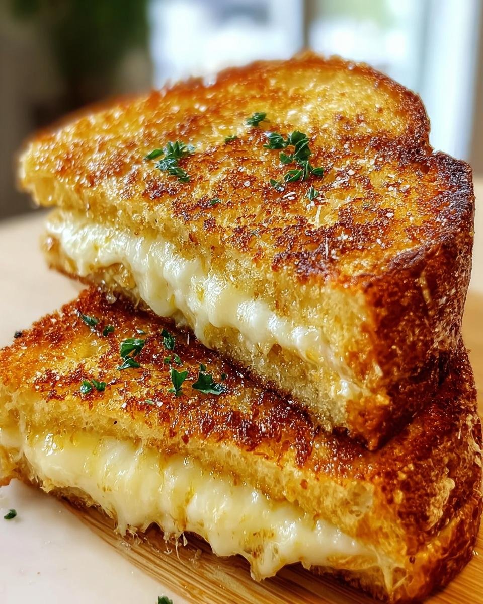 A close-up of two halves of a golden-brown Garlic Bread Grilled Cheese sandwich, with gooey melted cheese oozing out.