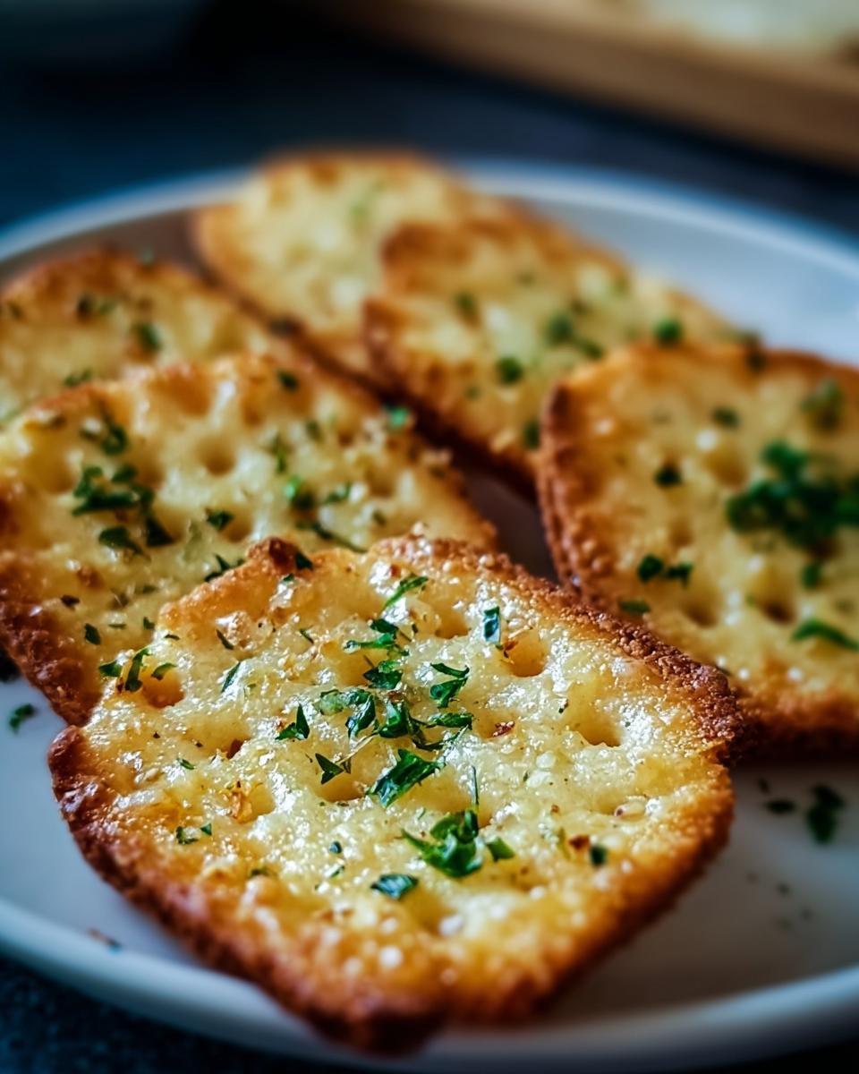 Close-up of golden brown Garlic Bread Ritz Bits topped with melted butter and fresh parsley on a white plate.