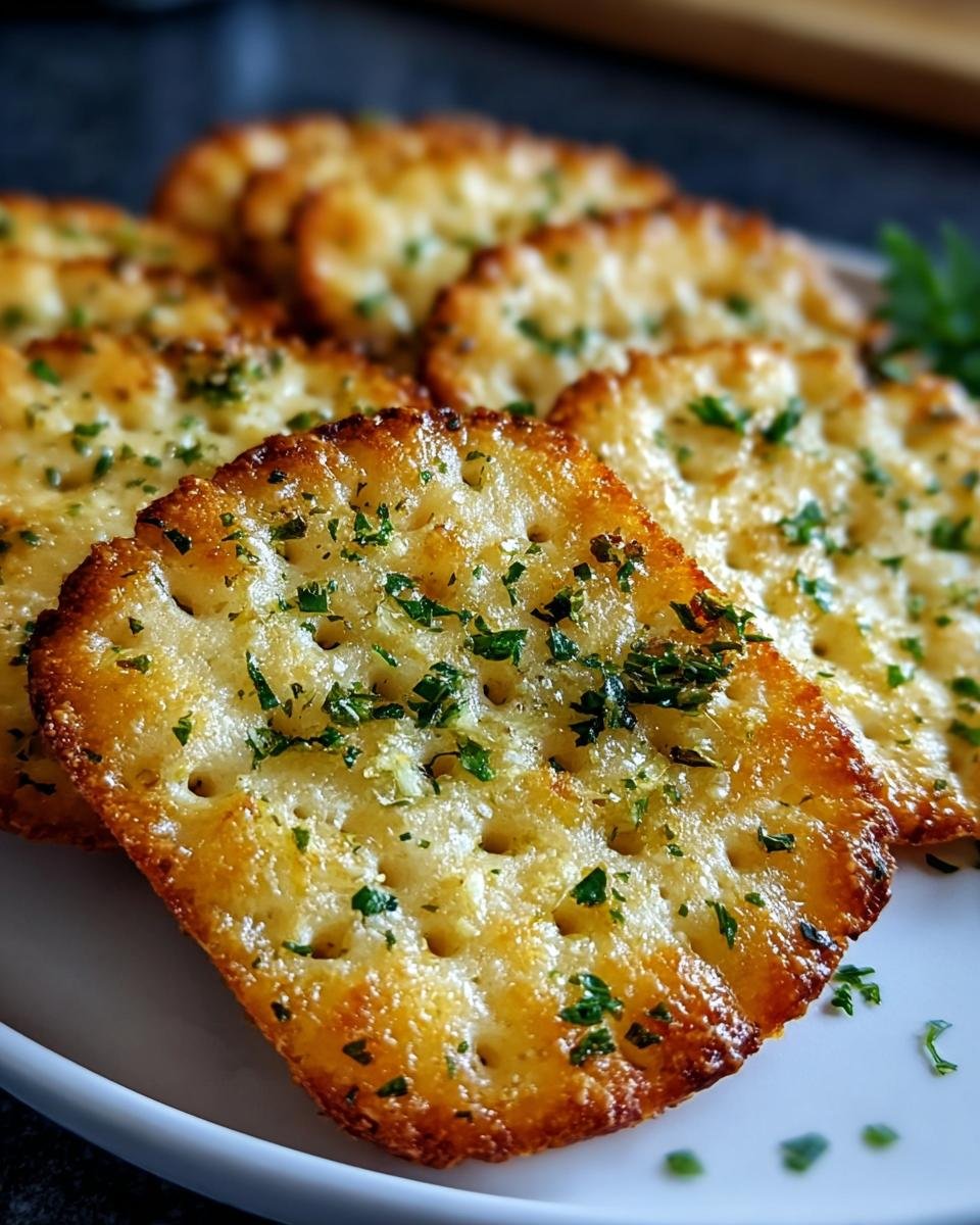Close-up of golden-brown Garlic Bread Ritz Bits topped with chopped parsley, arranged on a white plate.