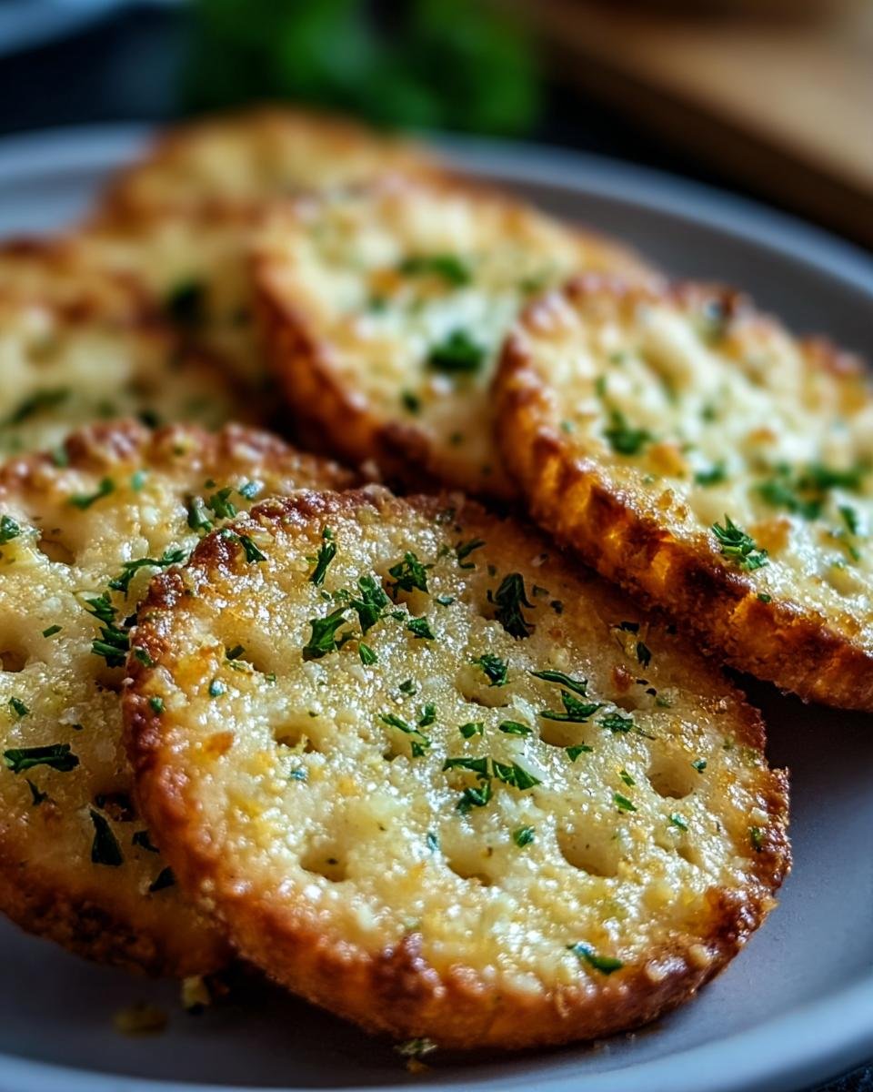 Close-up of golden brown Garlic Bread Ritz Bits topped with melted cheese and fresh parsley on a gray plate.