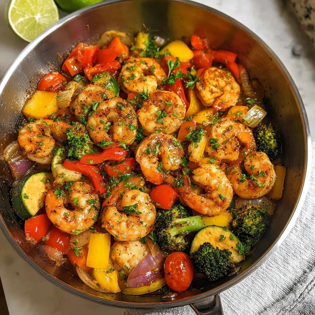 A close-up of a Garlic Shrimp & Veggie Skillet, featuring plump shrimp and colorful vegetables like broccoli, bell peppers, and zucchini.