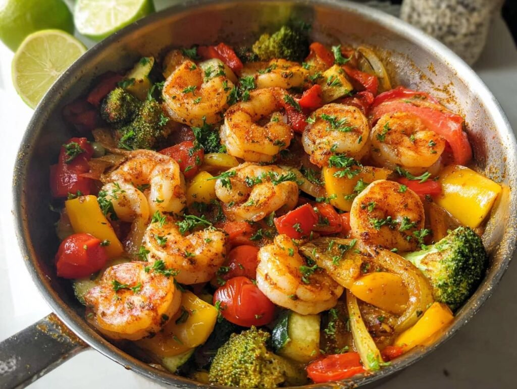 A vibrant Garlic Shrimp & Veggie Skillet filled with plump shrimp, broccoli, bell peppers, zucchini, and tomatoes, garnished with parsley.