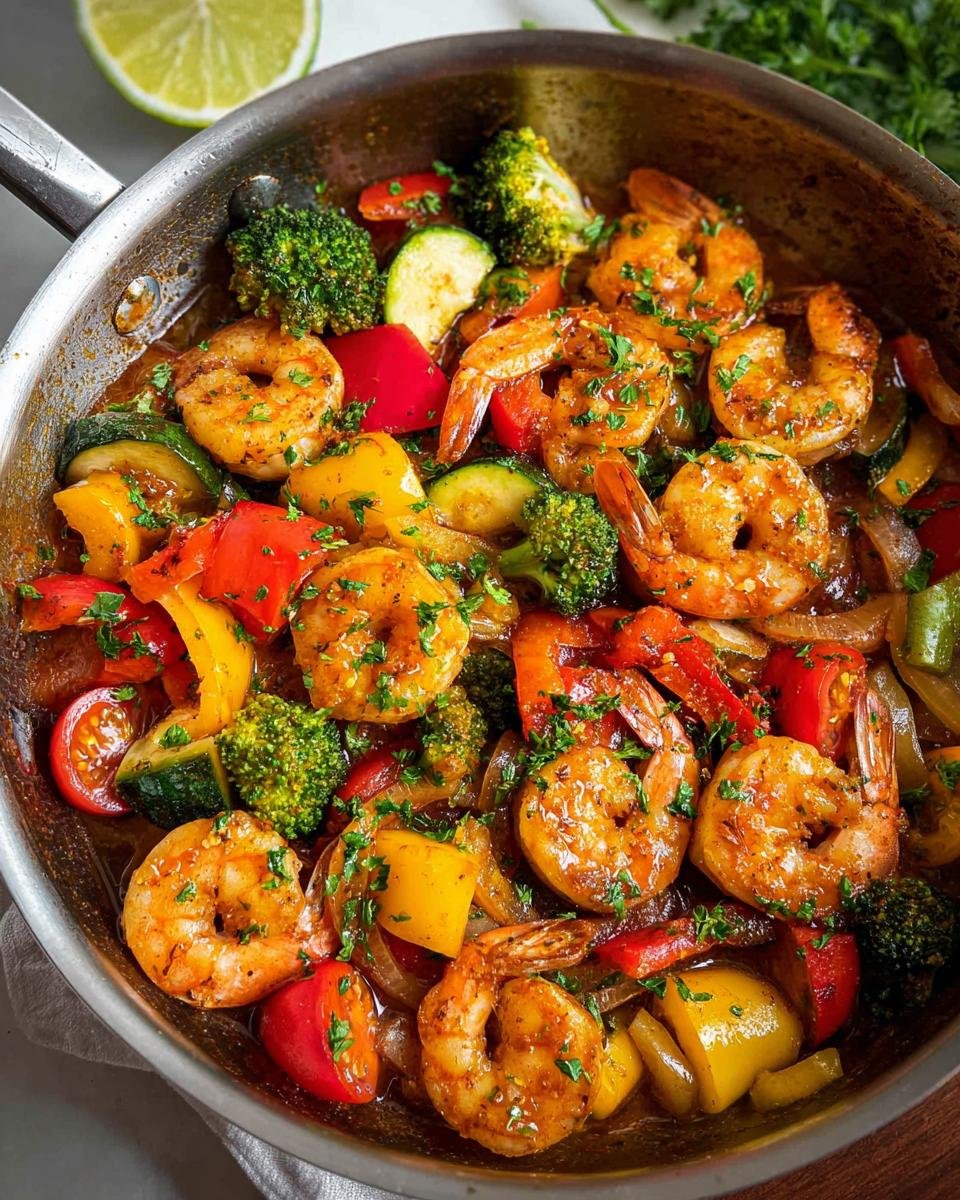 A close-up of a Garlic Shrimp & Veggie Skillet, featuring plump shrimp and colorful bell peppers, broccoli, and zucchini.