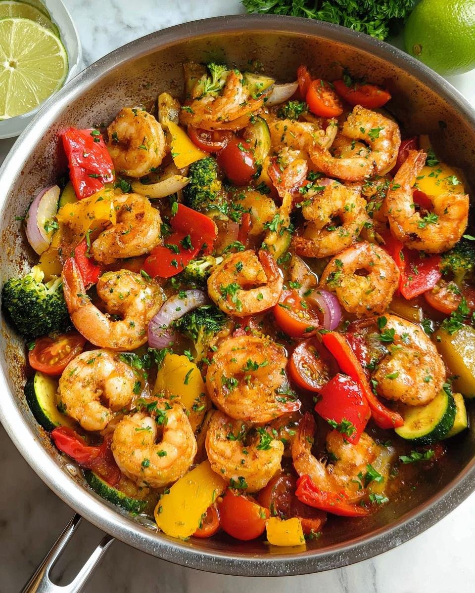 Close-up of a Garlic Shrimp & Veggie Skillet filled with plump shrimp, broccoli, bell peppers, zucchini, and cherry tomatoes.