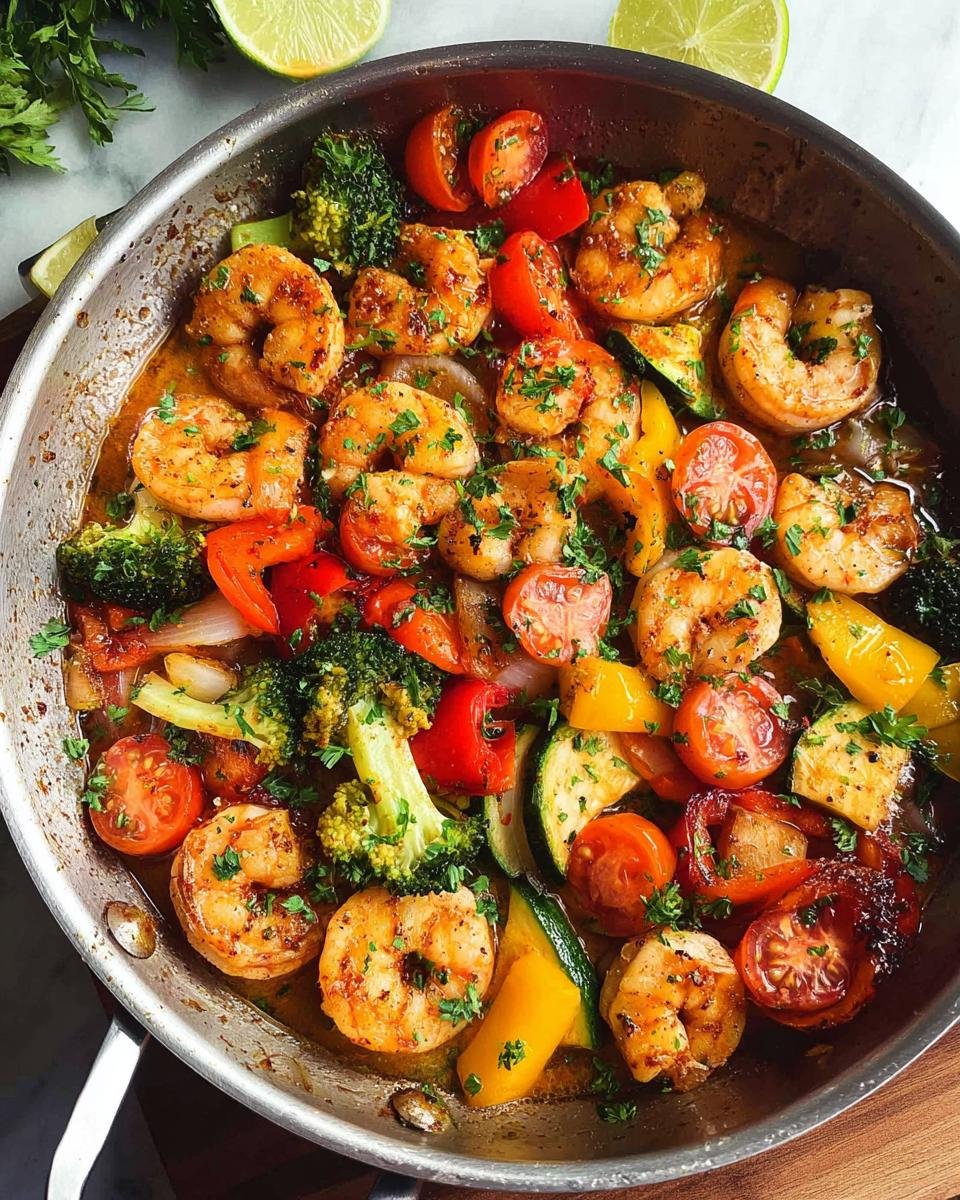 A close-up overhead view of a Garlic Shrimp & Veggie Skillet in a pan, featuring plump shrimp, broccoli, bell peppers, and tomatoes.