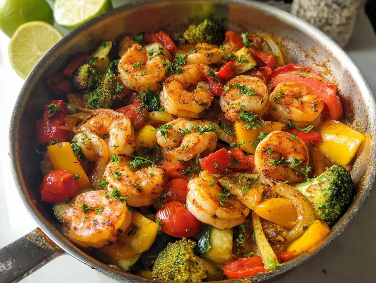 A vibrant Garlic Shrimp & Veggie Skillet filled with plump shrimp, broccoli, bell peppers, zucchini, and tomatoes, garnished with parsley.