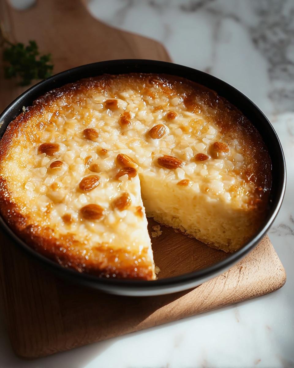 A slice is missing from a golden German Bee Sting Cake topped with almonds and raisins, showing its fluffy interior.