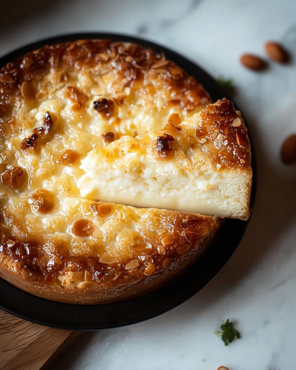 A slice of German Bee Sting Cake with a creamy filling and a caramelized almond topping.