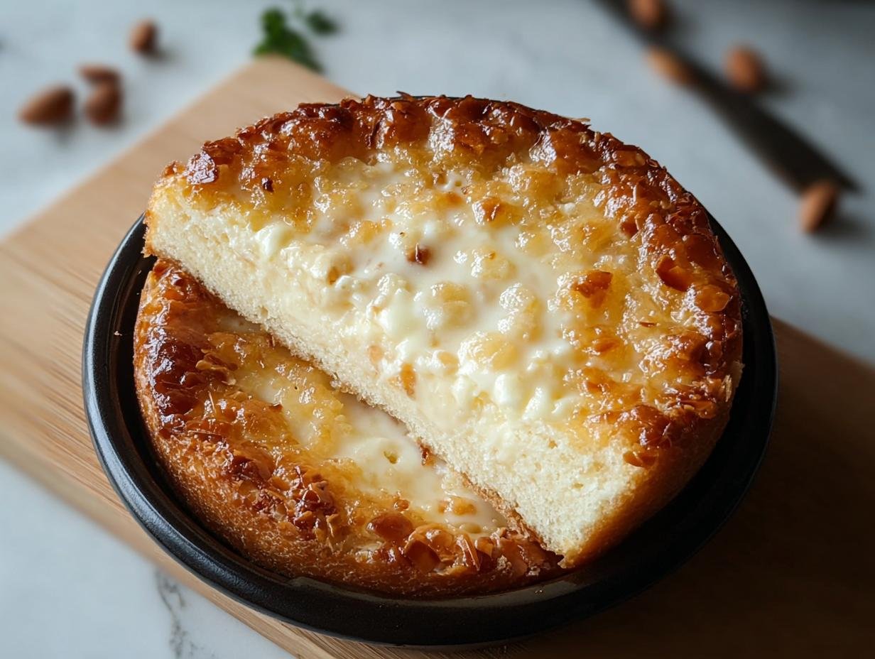 A slice of German Bee Sting Cake with a creamy filling and caramelized almond topping.