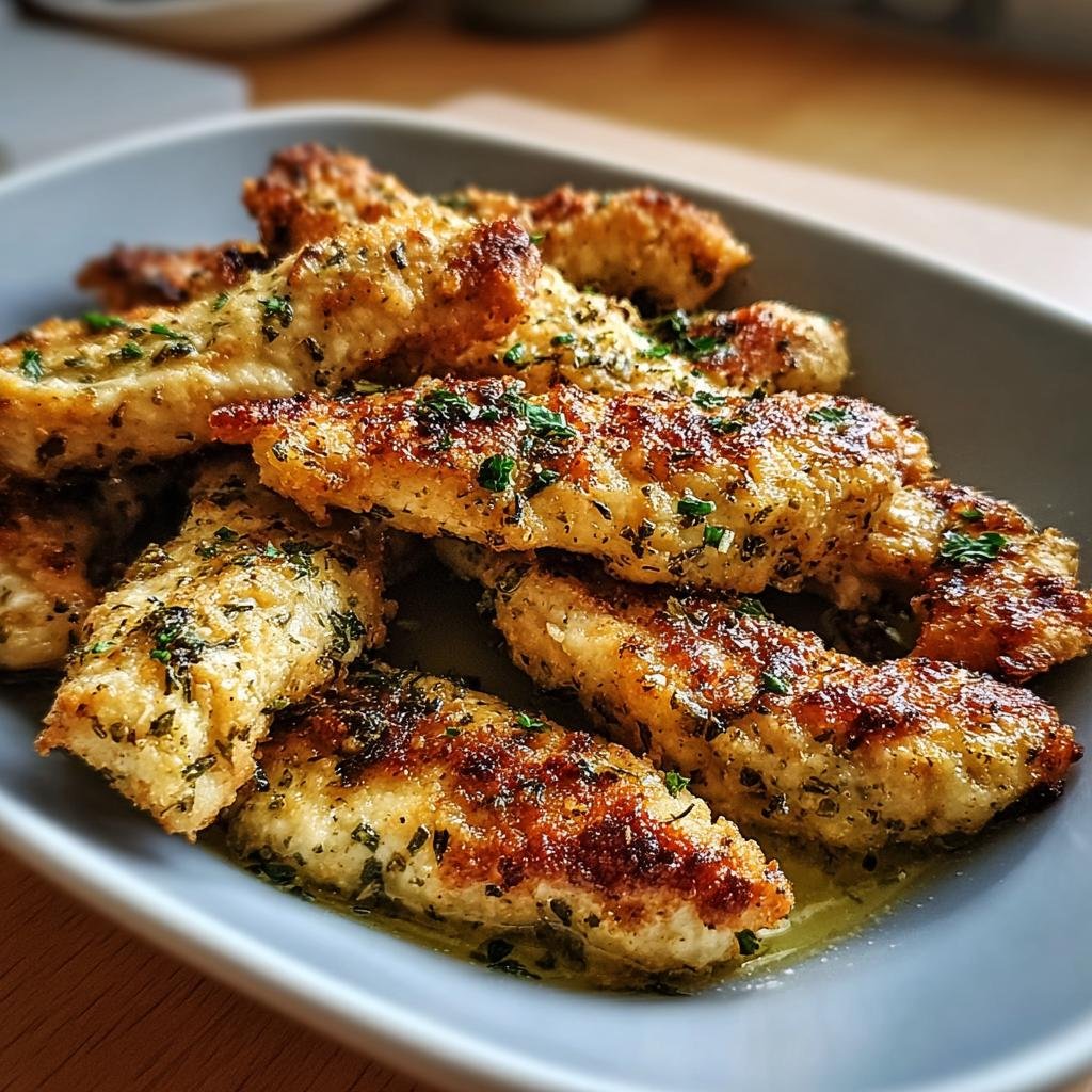 A close-up of golden-brown Greek chicken tenders sprinkled with fresh herbs in a grey dish.