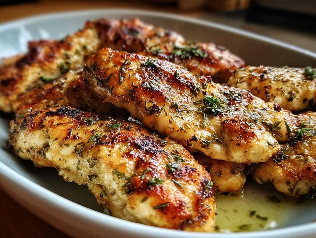 Close-up of golden-brown Greek chicken tenders seasoned with herbs, served in a light-colored dish.