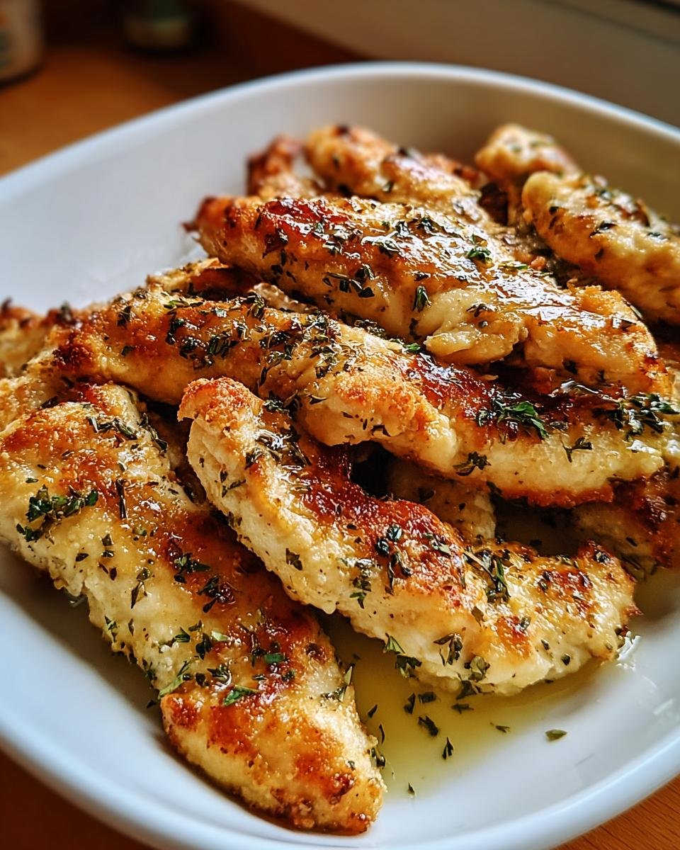 A close-up of golden-brown Greek chicken tenders seasoned with herbs, served in a white bowl.