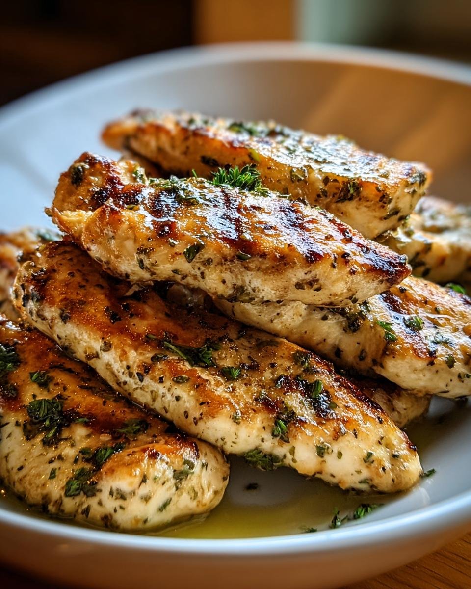 A close-up of golden-brown Greek Chicken Tenders seasoned with herbs, piled on a white plate with a drizzle of olive oil.