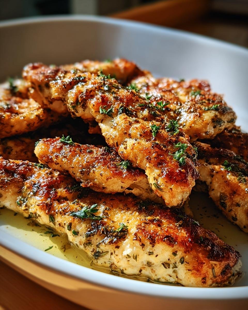A close-up of golden-brown Greek chicken tenders seasoned with herbs, served in a white dish.