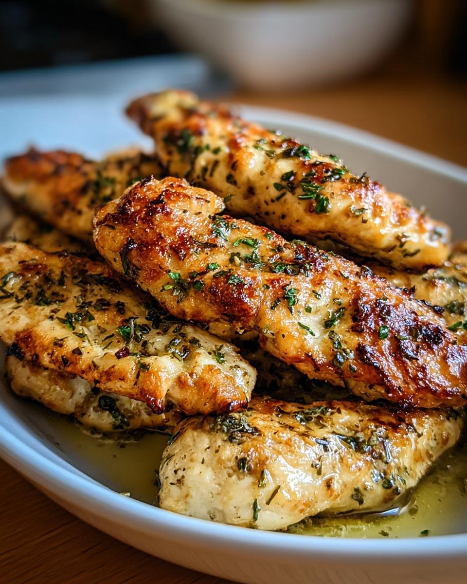 A close-up of golden-brown Greek Chicken Tenders seasoned with herbs, served in a white dish.