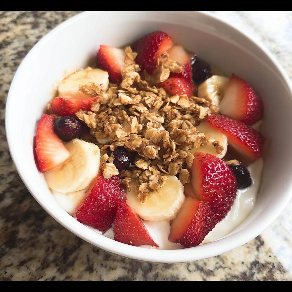 A refreshing Greek Yogurt Fruit Breakfast Bowl topped with fresh strawberries, bananas, blueberries, and granola.