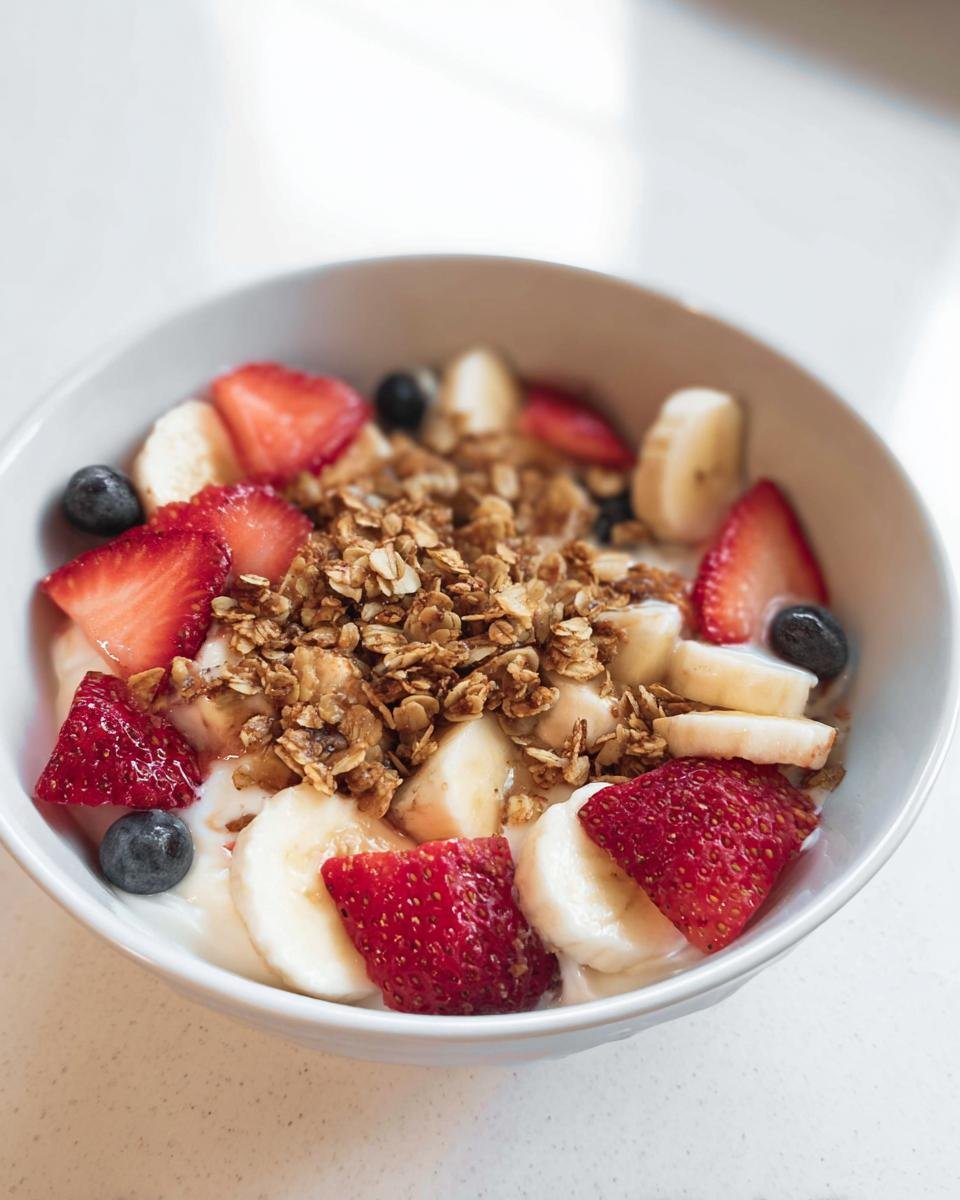 A delicious Greek Yogurt Fruit Breakfast Bowl topped with strawberries, blueberries, bananas, and granola.