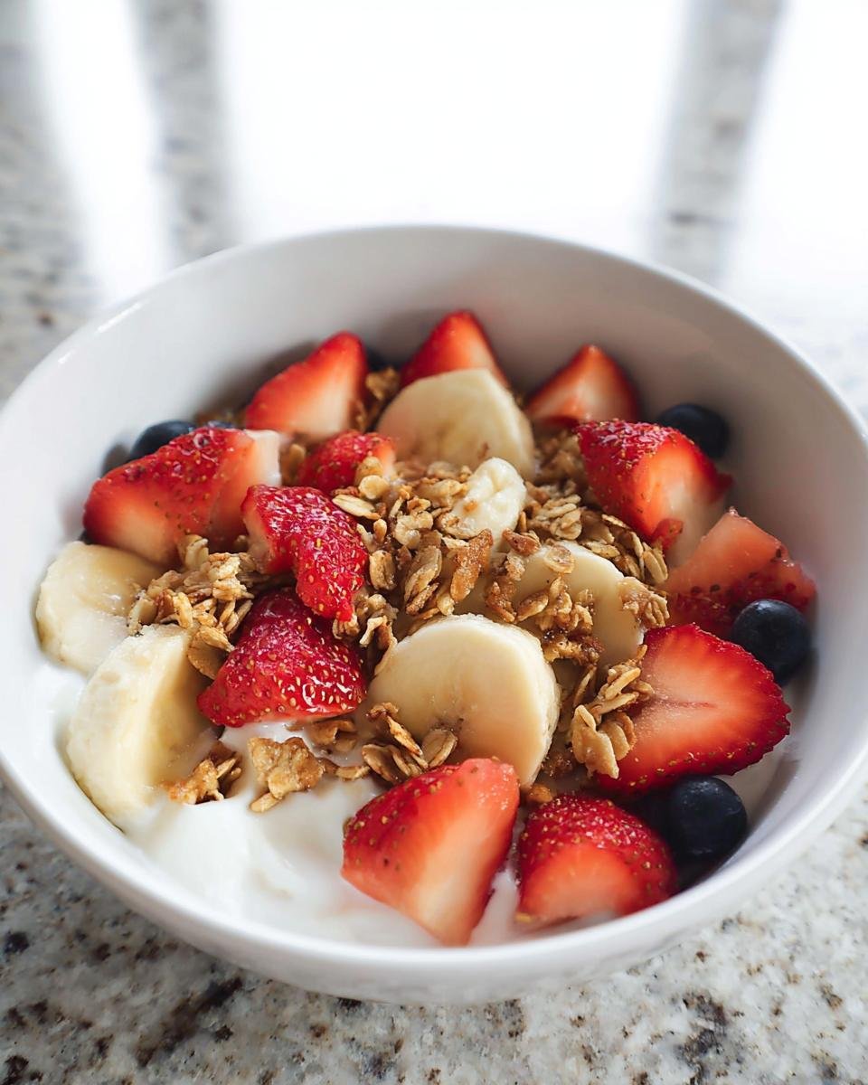 A vibrant Greek Yogurt Fruit Breakfast Bowl topped with fresh strawberries, banana slices, blueberries, and crunchy granola.
