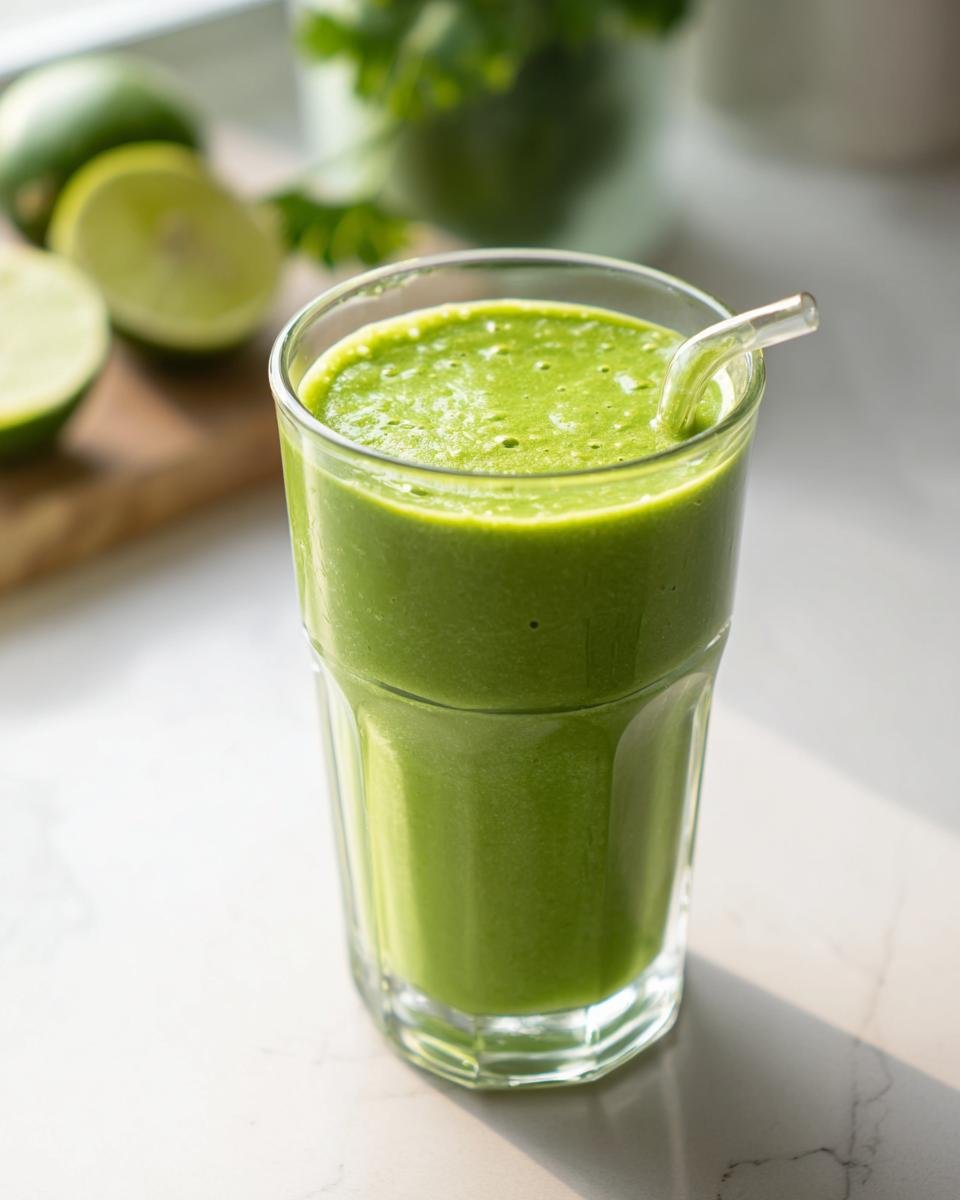A vibrant Green Detox Morning Smoothie in a glass with a straw, garnished with lime and cilantro in the background.