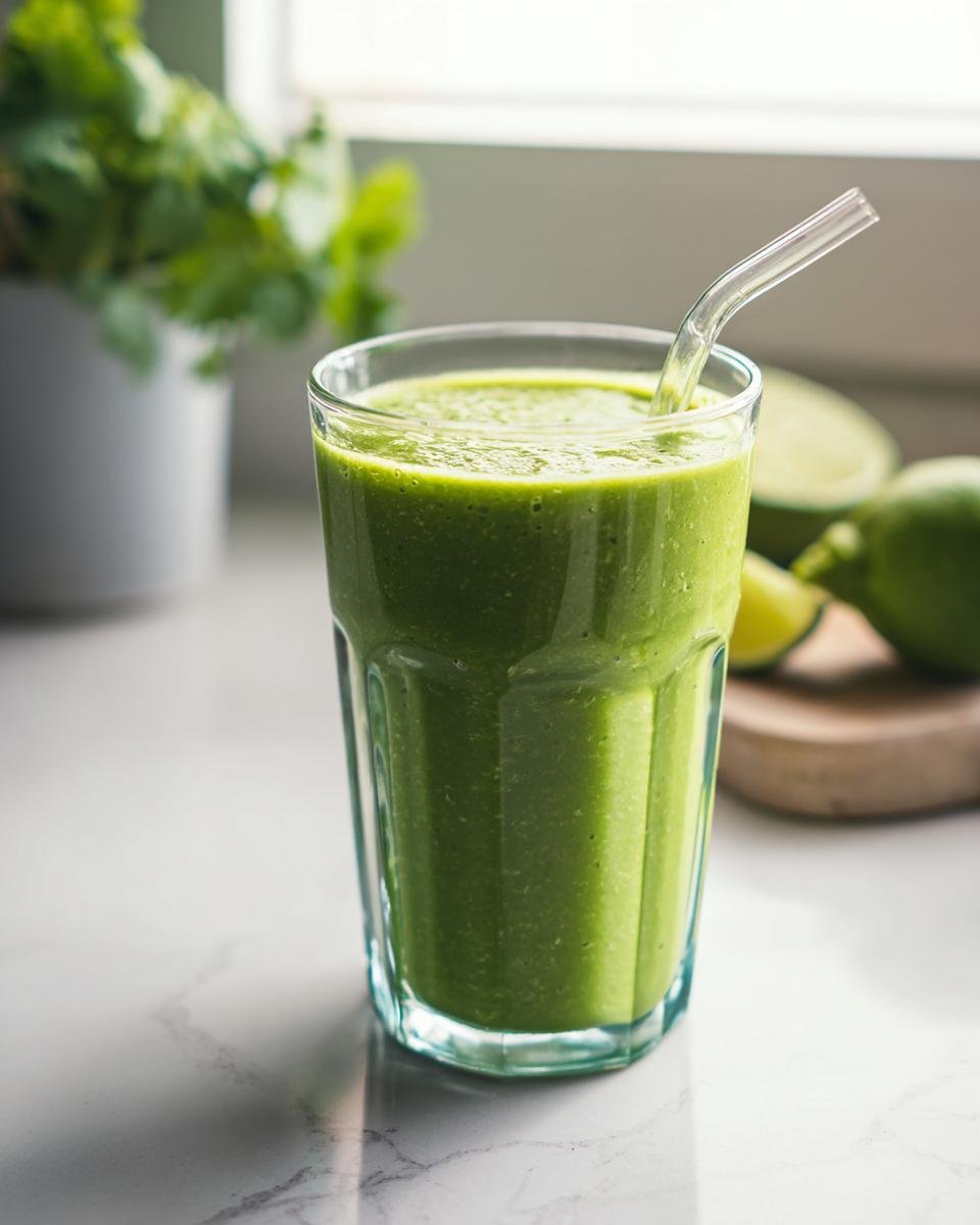A vibrant Green Detox Morning Smoothie in a glass with a reusable straw, garnished with lime slices.