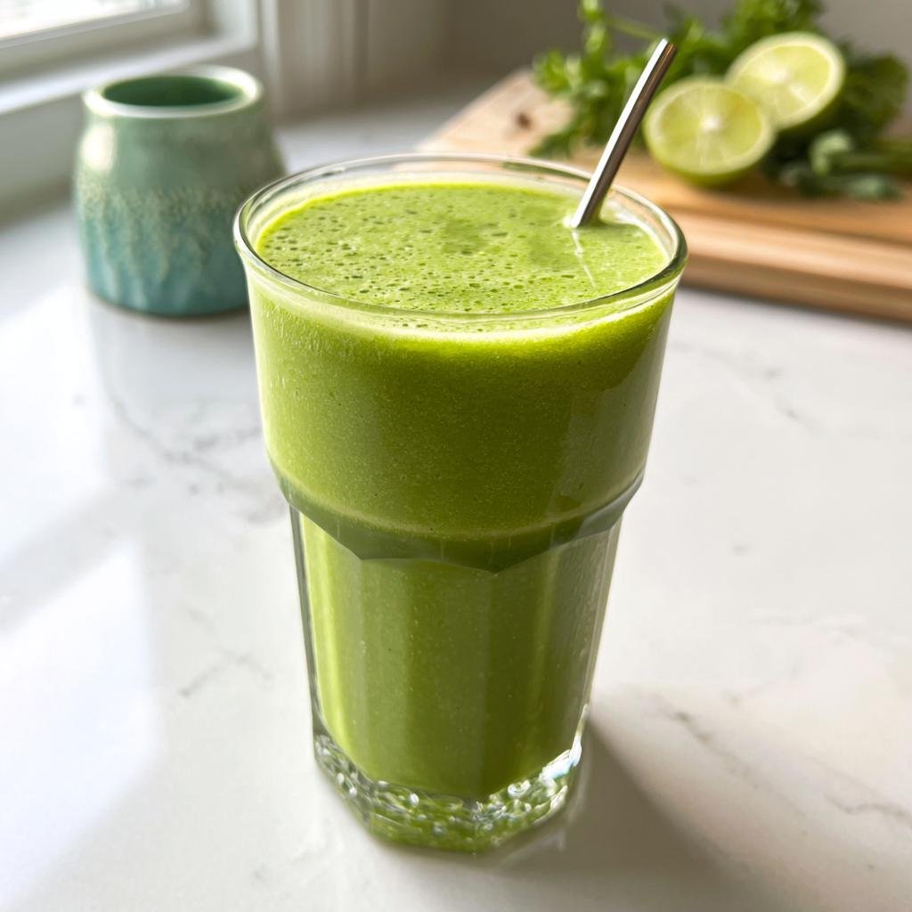 A tall glass filled with a vibrant Green Detox Morning Smoothie, topped with a metal straw and garnished with lime slices and cilantro in the background.