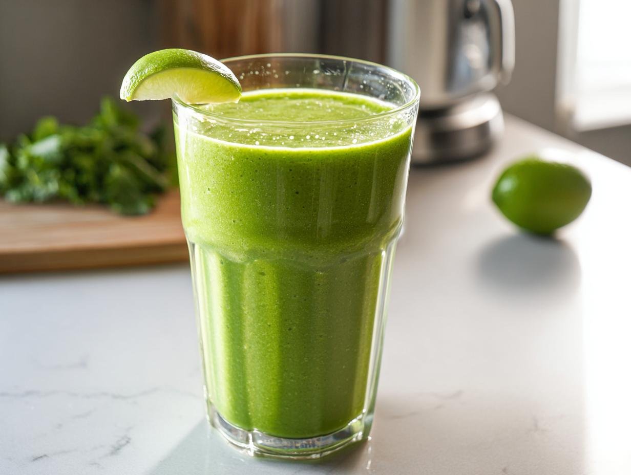A tall glass filled with a vibrant Green Detox Morning Smoothie, garnished with a lime wedge.