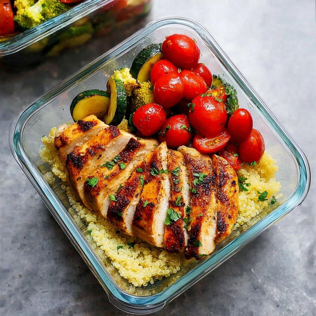 A clear glass meal prep box filled with sliced grilled chicken, quinoa, cherry tomatoes, zucchini, and broccoli.
