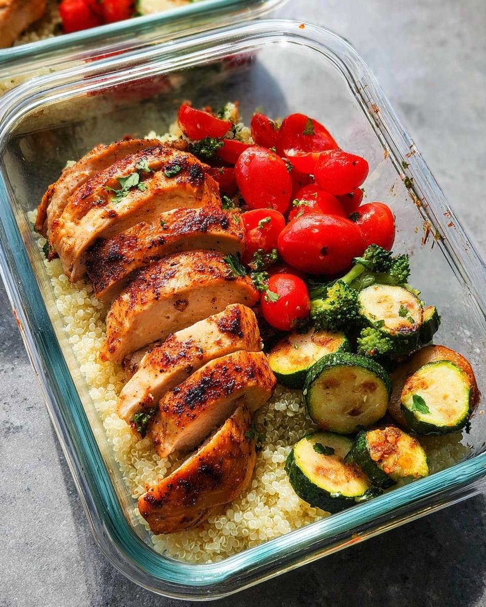 A close-up of a glass meal prep container filled with sliced grilled chicken, quinoa, cherry tomatoes, broccoli, and zucchini.