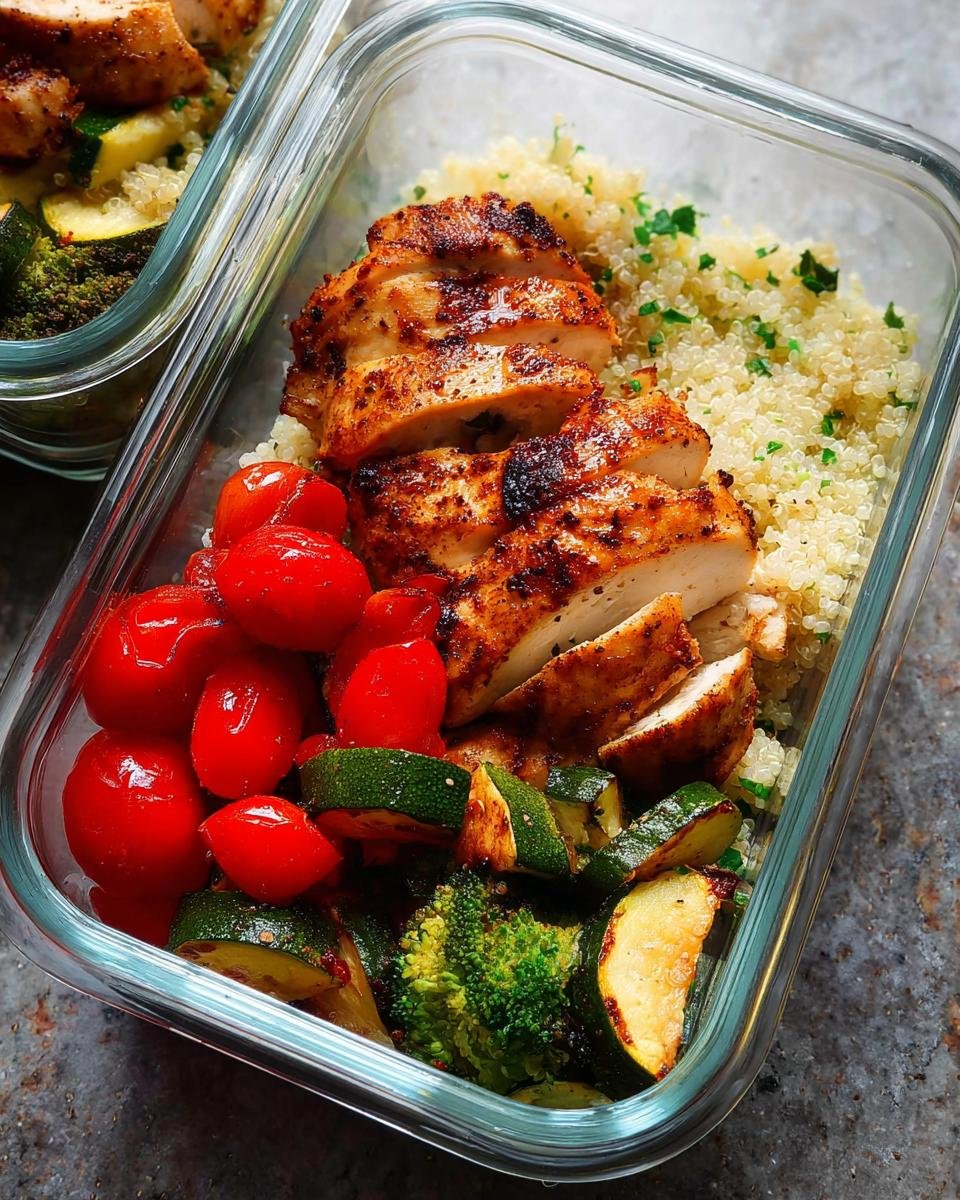 A close-up of a glass meal prep container filled with grilled chicken, quinoa, cherry tomatoes, zucchini, and broccoli.