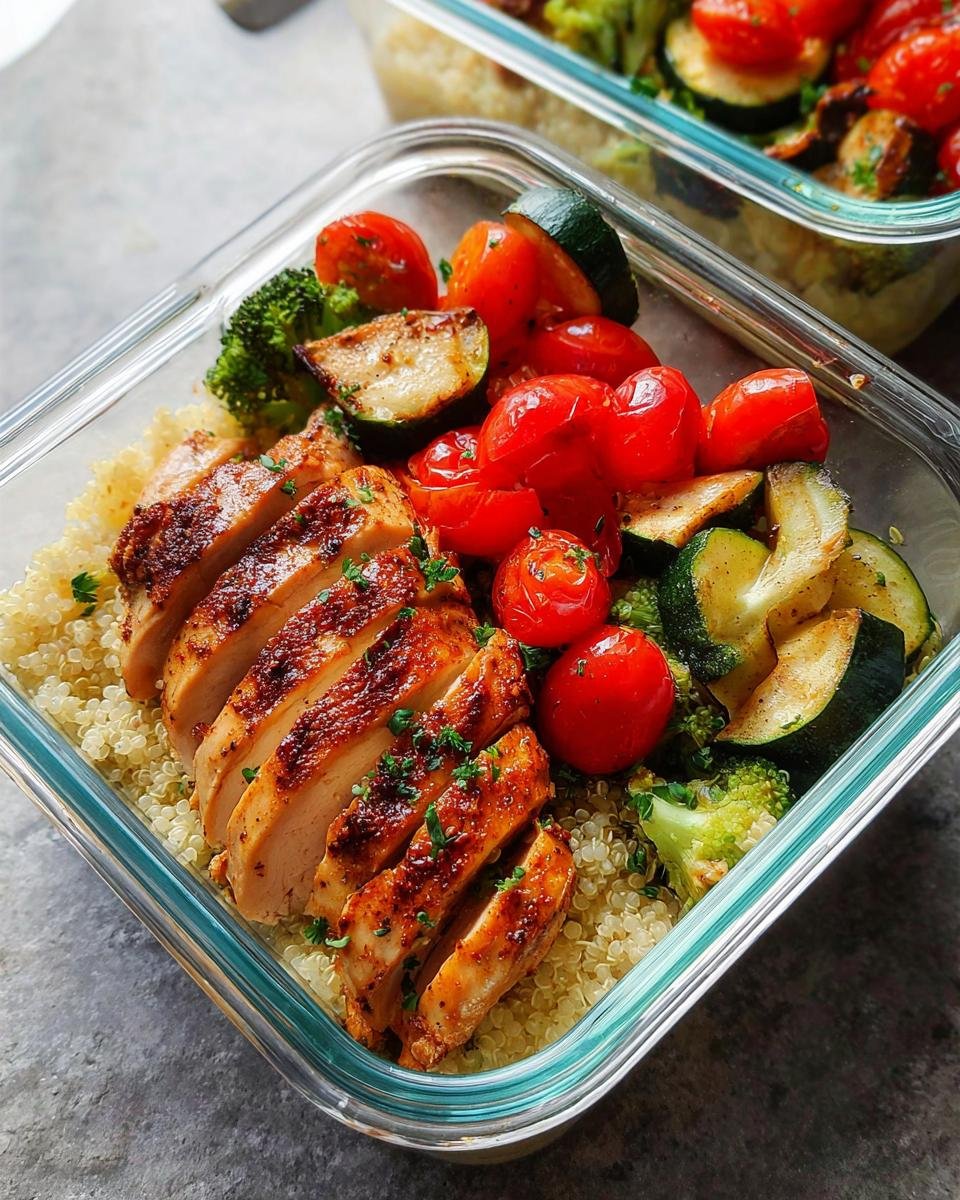 A close-up of a glass meal prep container filled with sliced grilled chicken, quinoa, cherry tomatoes, zucchini, and broccoli.