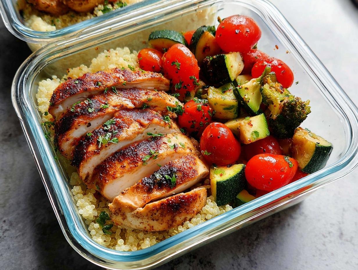 A close-up of a glass meal prep container filled with sliced grilled chicken, quinoa, cherry tomatoes, zucchini, and broccoli.