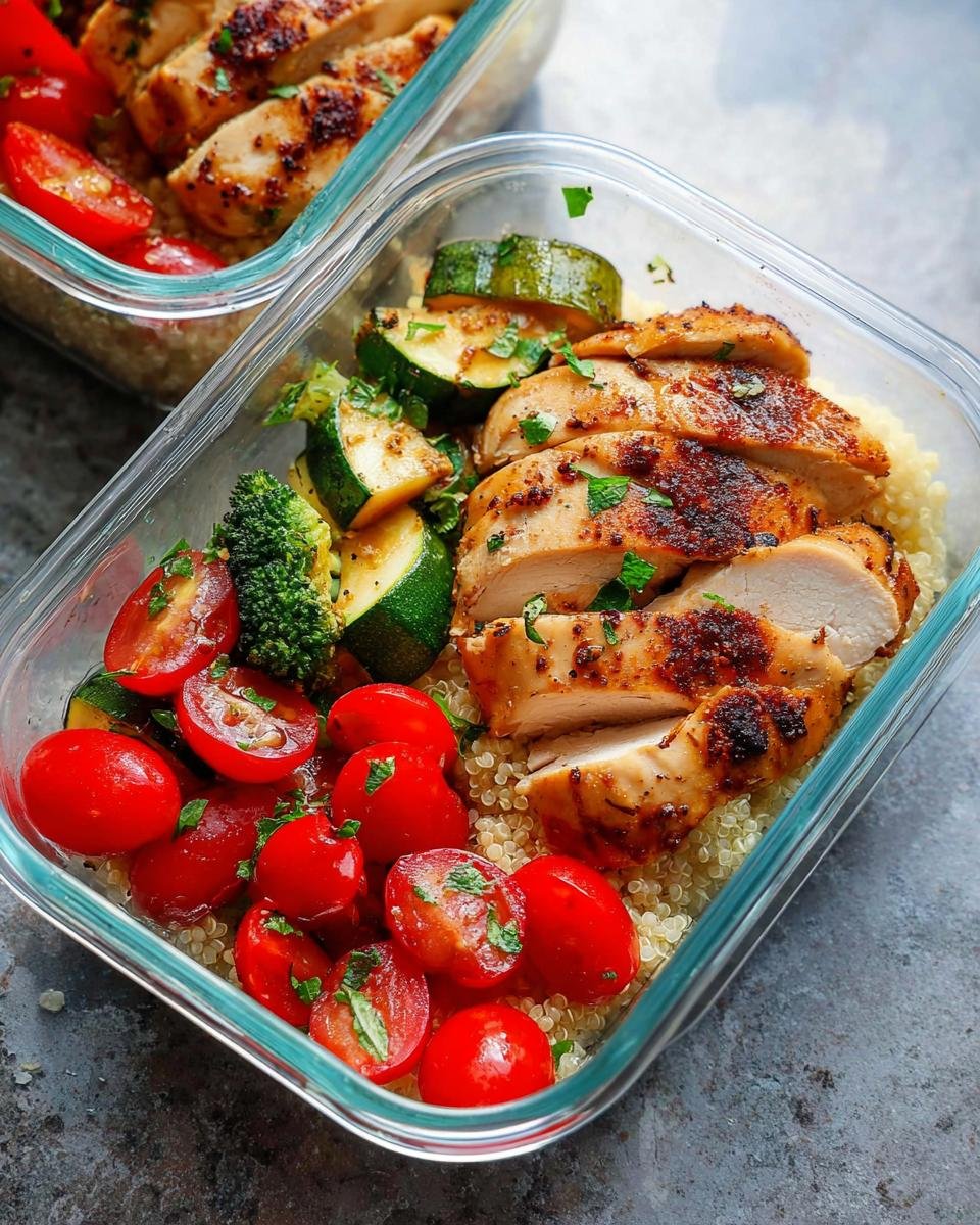Two glass containers filled with grilled chicken meal prep boxes, featuring sliced grilled chicken, quinoa, cherry tomatoes, zucchini, and broccoli.