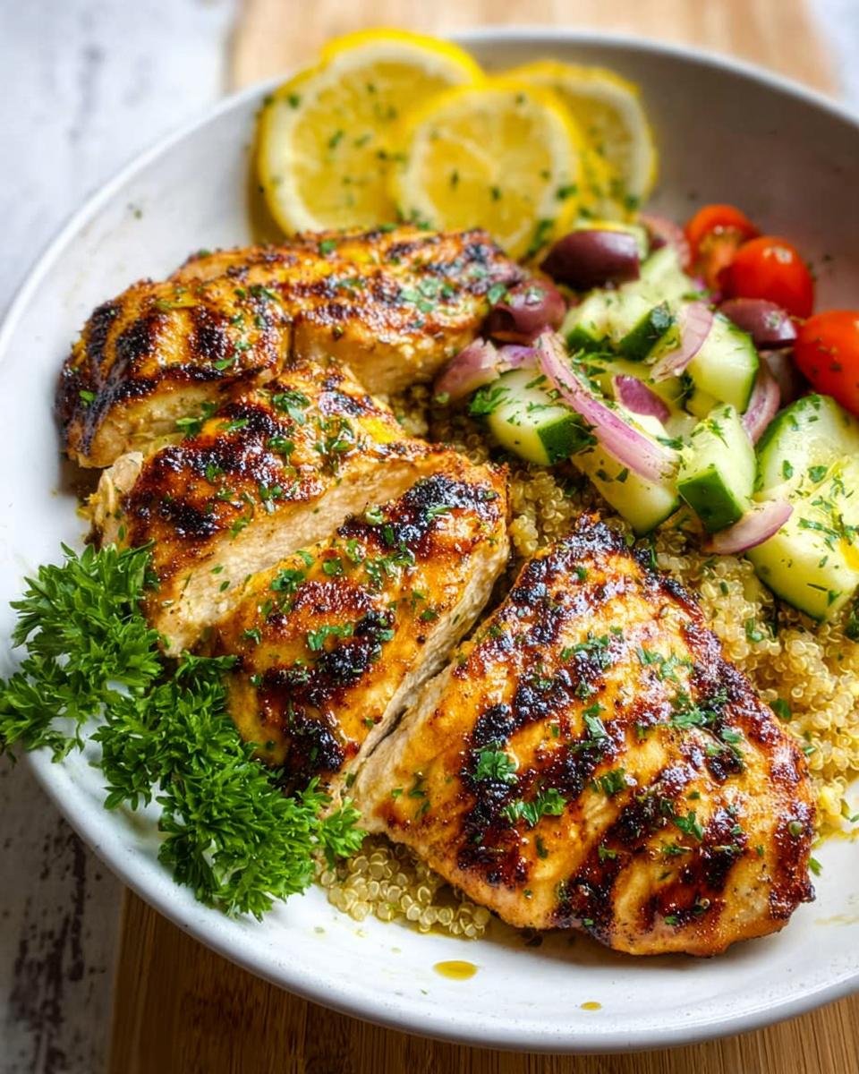A close-up of a Grilled Lemon Chicken Bowl featuring perfectly grilled chicken breasts, quinoa, cucumber salad, tomatoes, olives, and lemon slices.