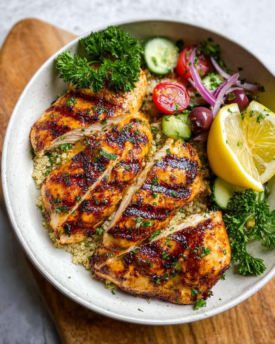 A close-up of a Grilled Lemon Chicken Bowl featuring sliced grilled chicken breast over quinoa, with cucumber, tomatoes, olives, and lemon wedges.
