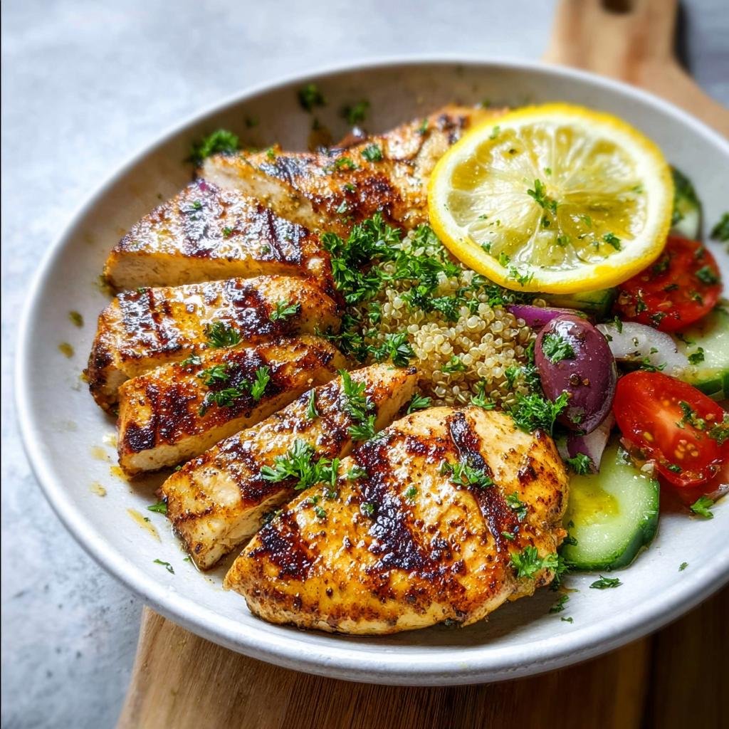A delicious Grilled Lemon Chicken Bowl featuring sliced grilled chicken, quinoa, cucumber, tomatoes, olives, and a lemon slice.