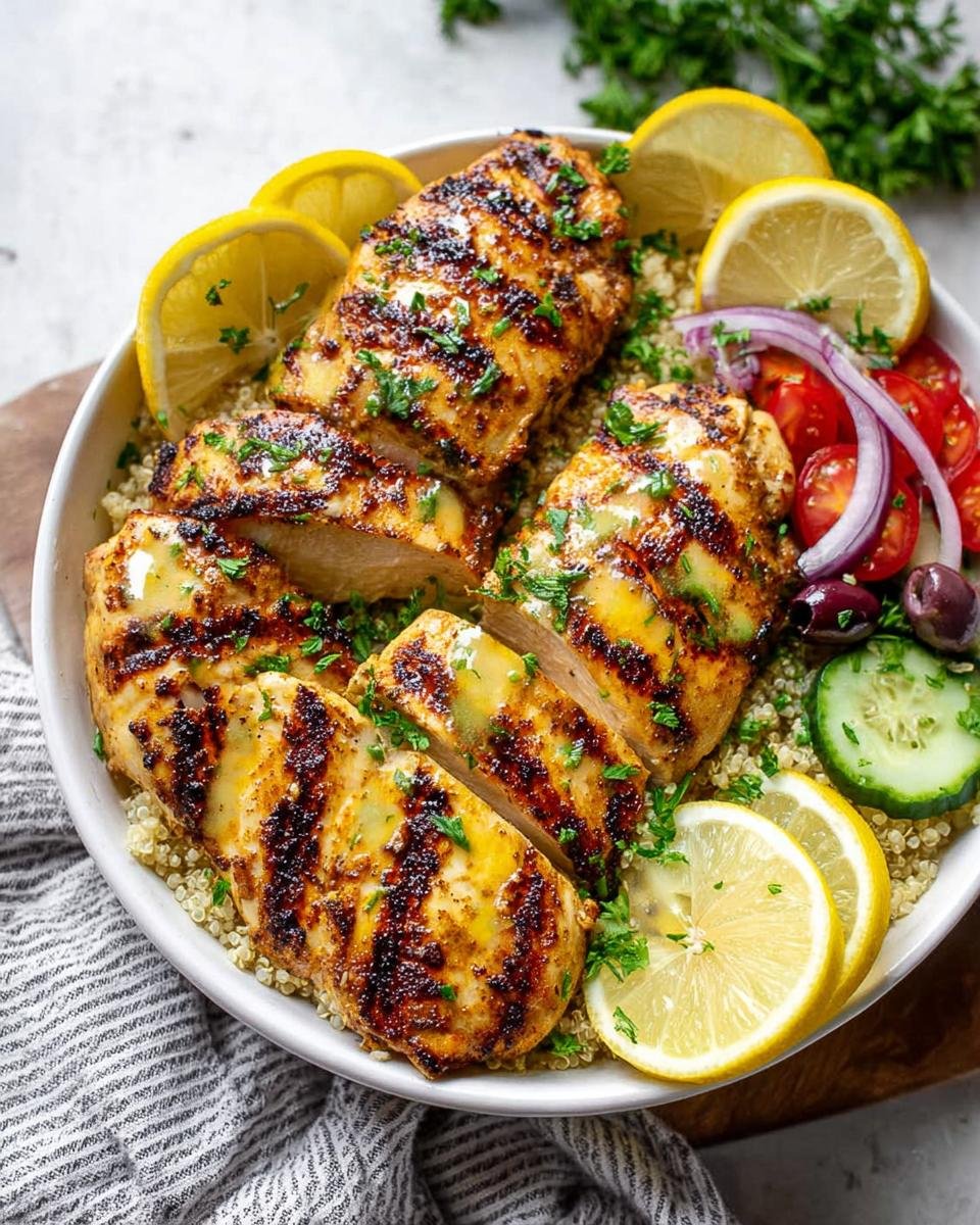 A vibrant Grilled Lemon Chicken Bowl served over quinoa with fresh lemon slices, cherry tomatoes, olives, red onion, and cucumber.